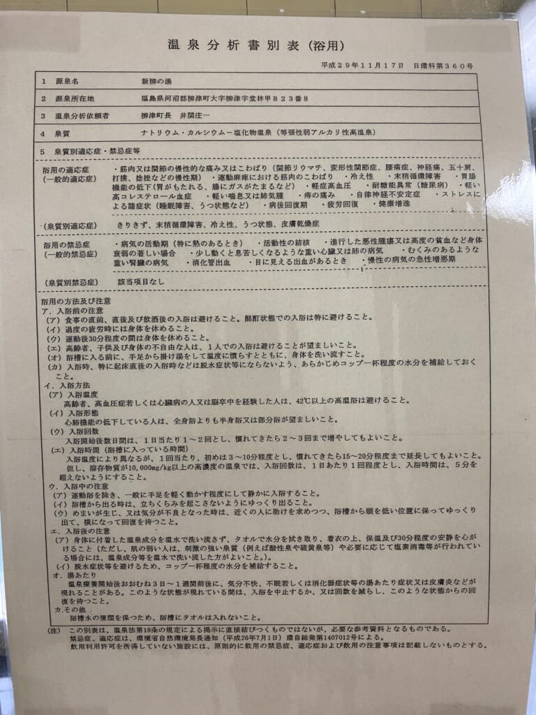 柳津 つきみが丘町民センター 温泉分析書別表