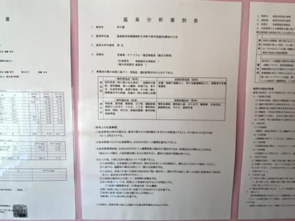 西山温泉 旅館 中の湯 内風呂、温泉分析書別表