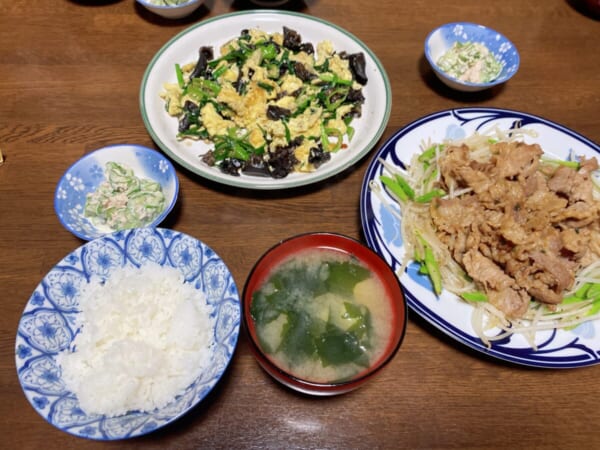 きくらげとピーマンのたまご炒めと焼き肉